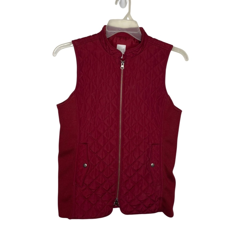 J. Jill Womens Red Quilted Puffer Vest Ribbed Sides Small Full Zip